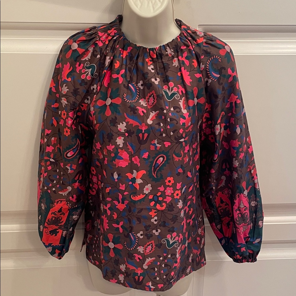 Emily Lovelock brown floral blouse sz xs